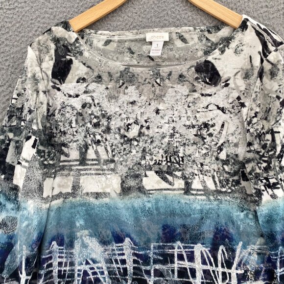 Chicos Top Womens 1 US 8 Blue Abstract Art Velvet 3/4 Sleeves Pullover Stretch - Picture 2 of 9